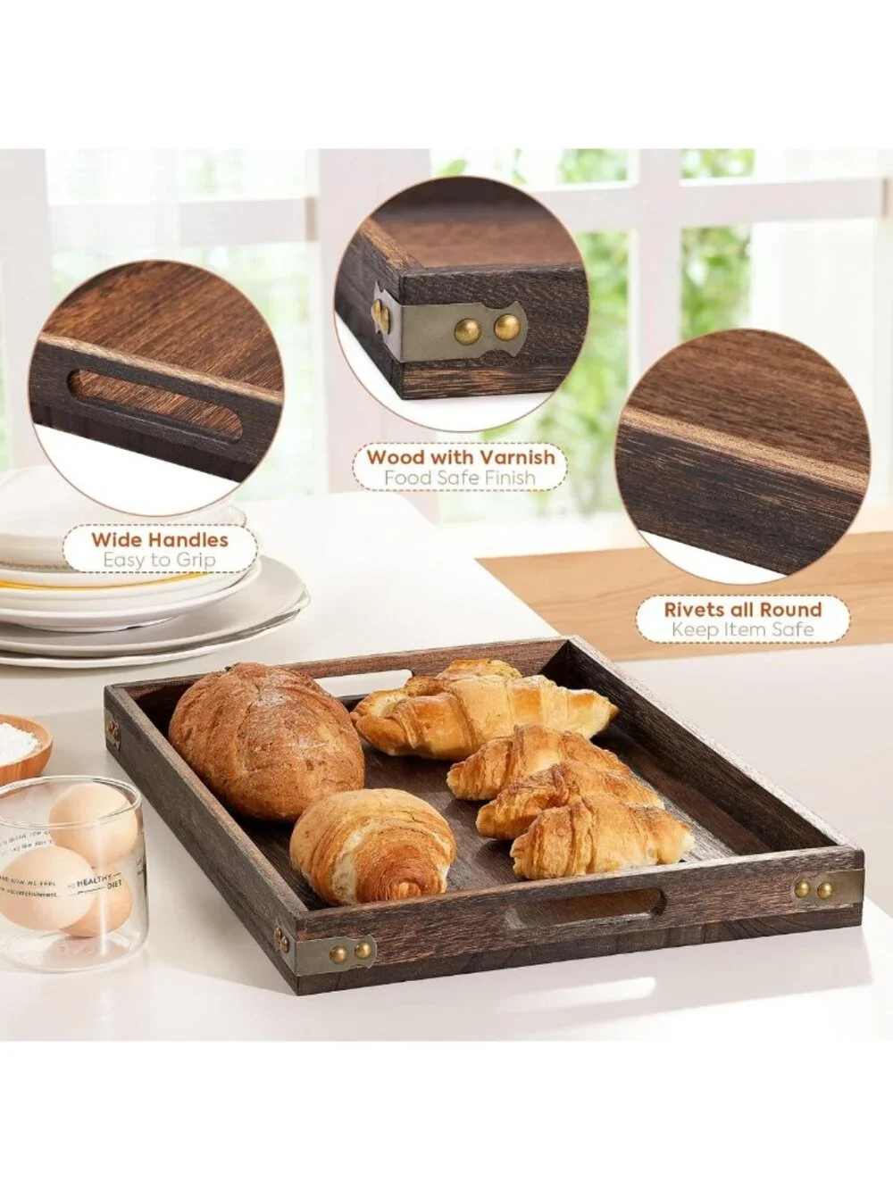 Large Wooden Serving Tray with Handles - Versatile Charcuterie & Breakfast